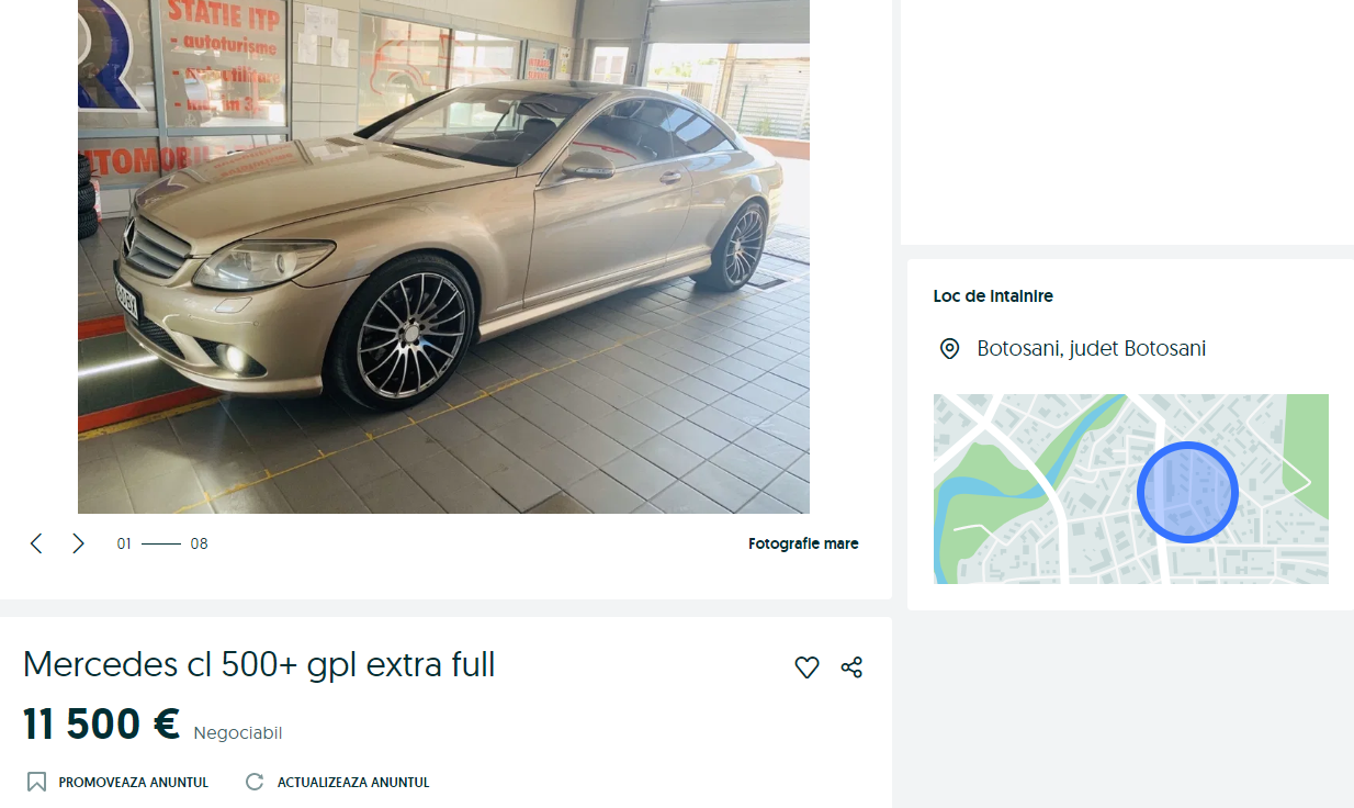 Ofertă ciudată pentru fanii limuzinelor pe GPL. Se vinde un Mercedes-Benz CL 500 cu 11.500 de euro