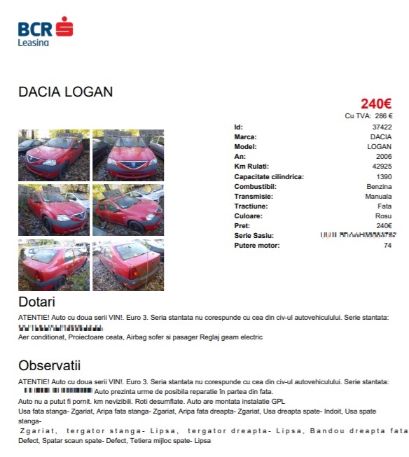 Establishment salute Pelmel BCR vinde poate cea mai ciudată Dacia Logan pe GPL. Mașina are două serii  VIN