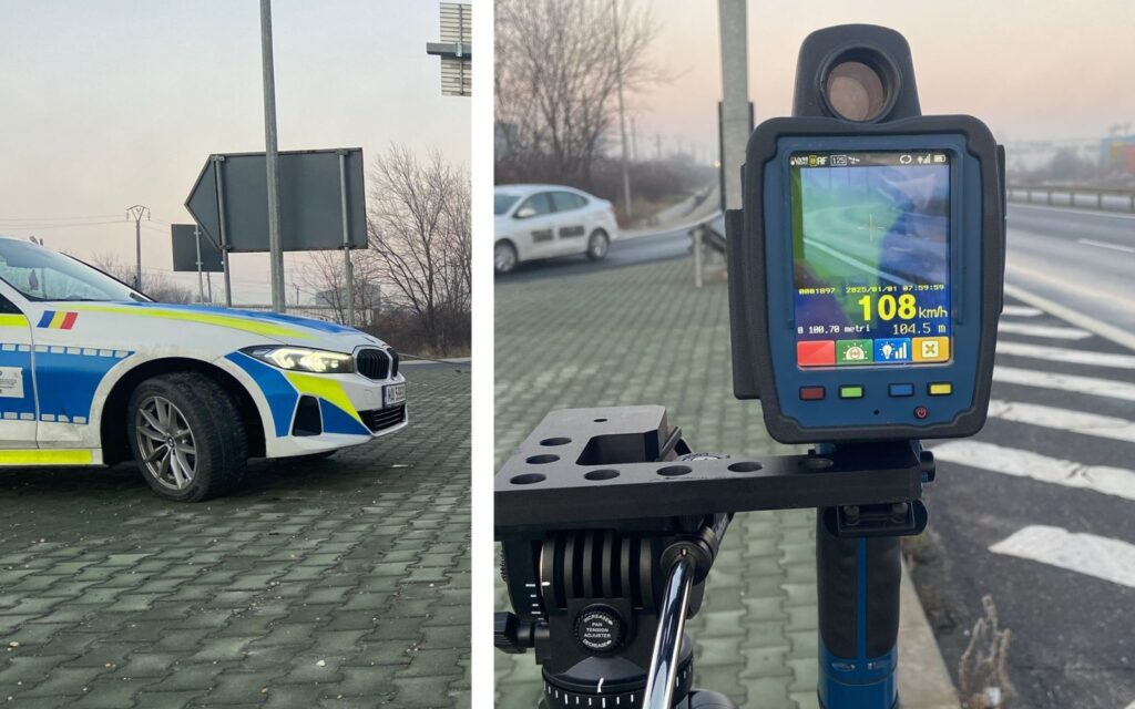 Radar pe trepied pus pe marginea drumului si o masina de politie care e oprita langa el