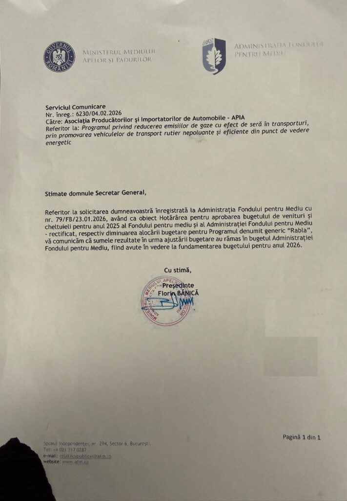 Documentul oficial care confirmă că bugetul necheltuit pentru Programul Rabla 2025 au rămas în bugetul AFM