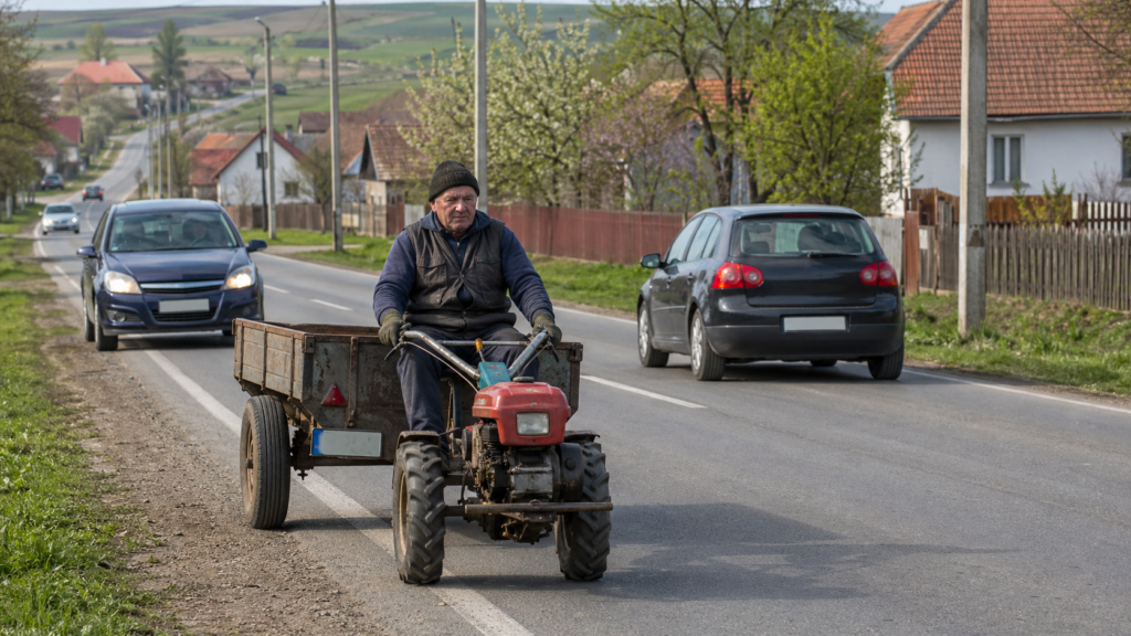 Motocultor condus pe un drum public, imagine generata cu ajutorul AI