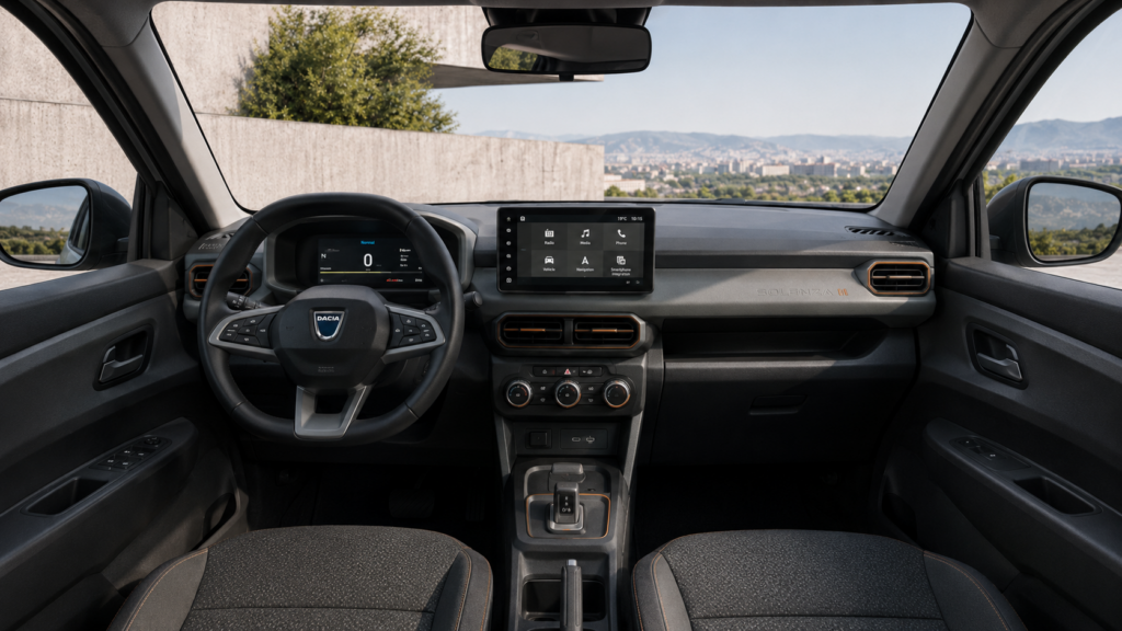 Asa ne-am imaginat ca ar putea arata interiorul unei Dacia Solenza II, in varianta unui SUV electric de oraș (Imagine generata cu ajutorul inteligentei artificiale)