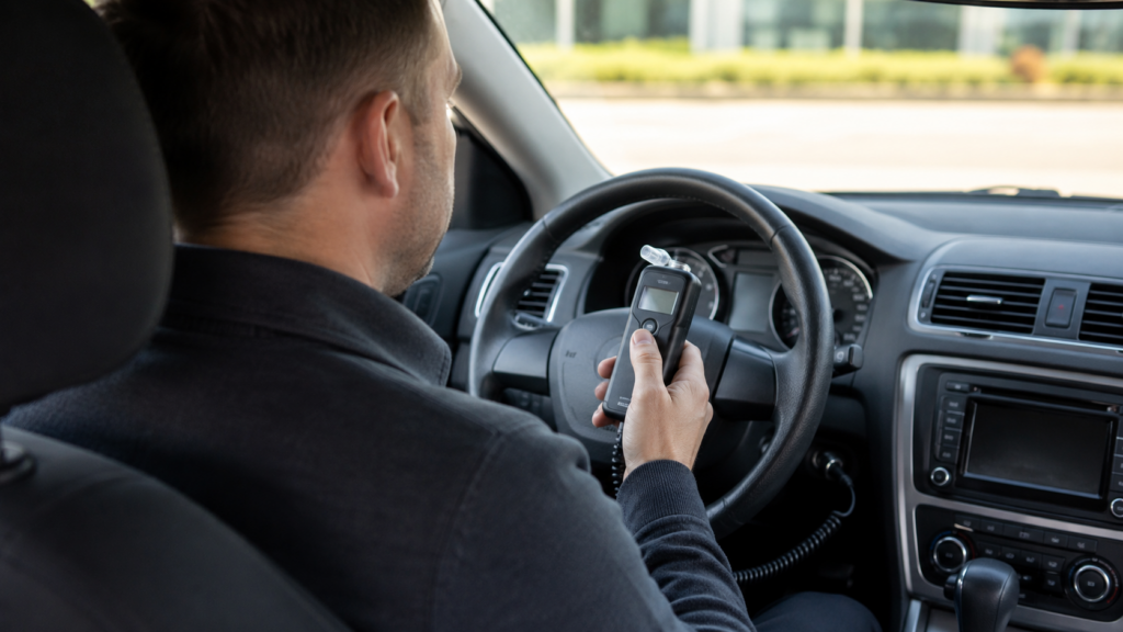 Un sofer care are masina cu sistem „Alcolock” este obligat sa sufle in etilotest pentru a putea porni vehiculul (Imagine generata de inteligenta artificiala: ChatGPT)