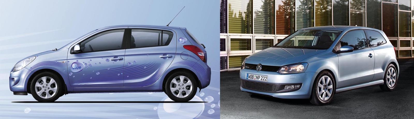 Ambele modele ofera versiuni putin poluante: Hyundai i20 Blue si Volkswagen Polo BlueMotion